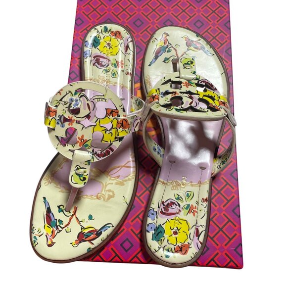 Tory Burch Miller Welt Sandals Size 7 Floral Pink Leather - Picture 2 of 5